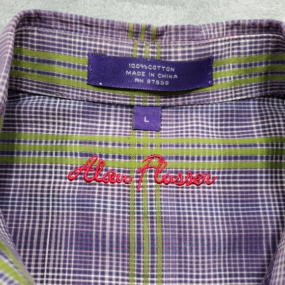 Alan Flusser Button Down Long Sleeve Plaid Shirt Purple White Brown Mn Sz L - Picture 3 of 9